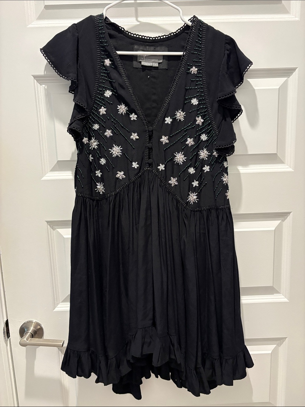 Anthropologie Black Floral-Beaded Ruffle Dress
